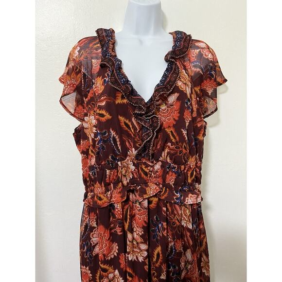 Old Navy Floral Tiered Smocked Midi Dress Size XL Orange Semi Sheer Boho Cottage - Picture 2 of 6